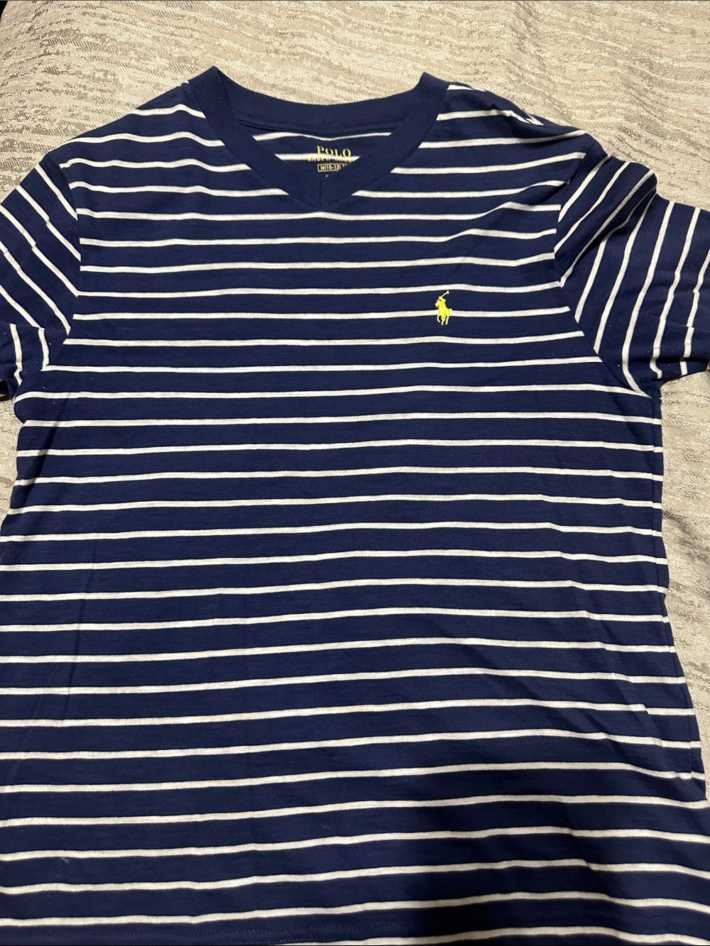Polo by Ralph Lauren Navy & White Striped V-Neck Tee with Yellow Pony